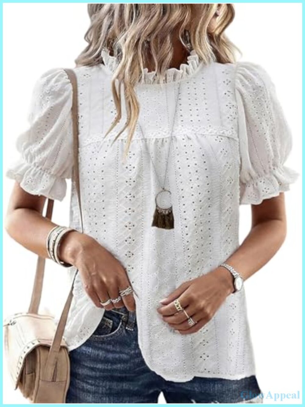 Women's Eyelet Embroidered Puff Sleeve Blouse Top Casual Spring Summer